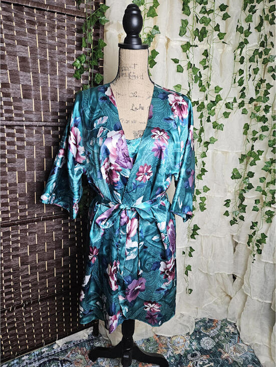 Other - Vintage Satin Slip and Robe Set Teal Floral Lingerie Set